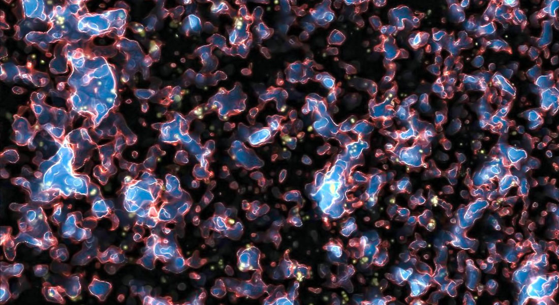 A simulation of the ionised bubbles formed during the Epoch of Reionization. Credit: Sullivan, J. (2022).